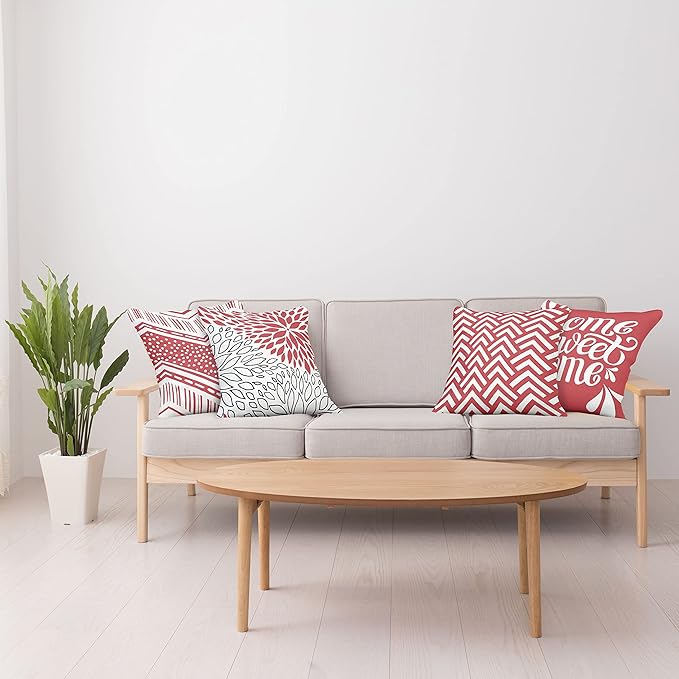 Ambesonne Geometric Throw Pillow Cushion Case Pack of 4, Home Phrase Minimal Zigzag Squama Dahlia Flower Petals Chevron Tribal, Modern Accent Double-Sided Digital Printing, 20", Dark Coral and White