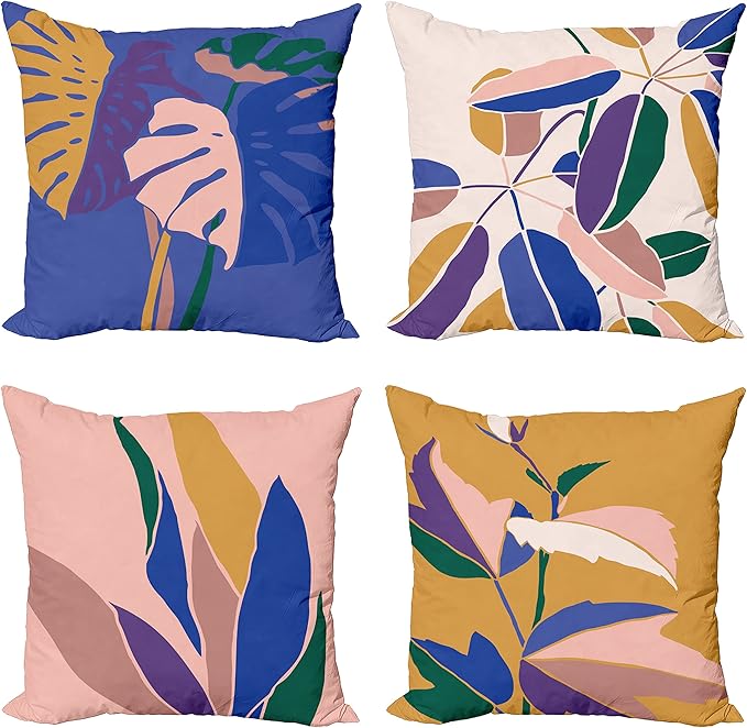 Ambesonne Exotic Throw Pillow Cushion Case Pack of 4, Tropical Themed Leaves Branches Monstera Plant Summer Vibes Pastel, Modern Accent Double-Sided Digital Printing, 16", Peach Blue Violet Mustard