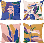 Ambesonne Exotic Throw Pillow Cushion Case Pack of 4, Tropical Themed Leaves Branches Monstera Plant Summer Vibes Pastel, Modern Accent Double-Sided Digital Printing, 16", Peach Blue Violet Mustard