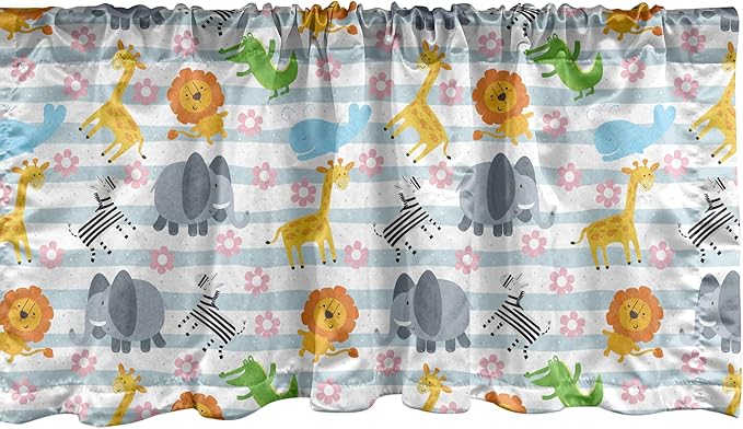 Ambesonne Savannah Window Valance, Friendly Zoo Animals with Happy Faces Cartoon Characters on Stripes Print, Curtain Valance for Kitchen Bedroom Decor with Rod Pocket, 42" x 12", Pale Azure Blue