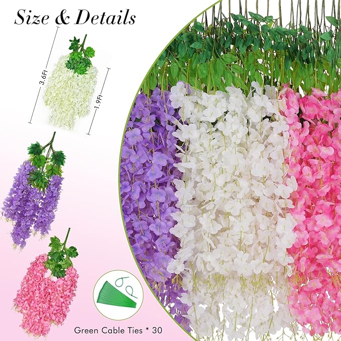 40 Pack Pink Purple White Wisteria Hanging Flowers, Fake Hanging Flowers for Decoration,Vines for Bedroom, Wisteria Flower Garland for Home ,Party,Wall,Wedding Decoration,Baby Shower(3.6 Ft/Pcs)
