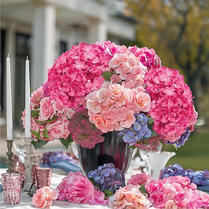 Auihiay 64pcs Hydrangea Artificial Flowers, Rose Red Artificial Hydrangea Flowers, Silk Hydrangea Heads with Stems for Garden, Home Party Baby Shower DIY Wedding Centerpiece (Rose Red)