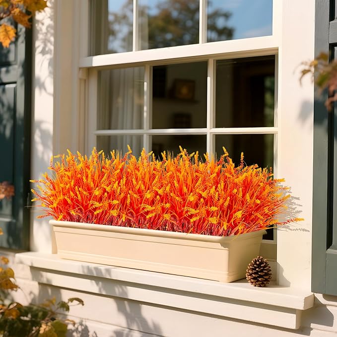 Artificial Fake Plants Flowers for Outdoors Fall Decor, 12 Bundles Fall Leaves Faux Lavender Flowers for Autumn Decoration, Fake Shrubs UV Resistant Planter No Fade for Garden Porch Balcony(Orange)