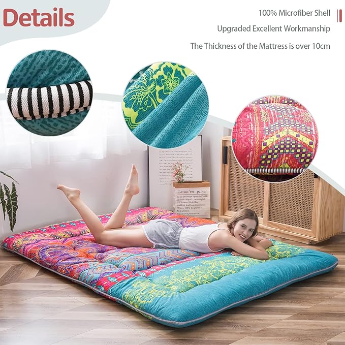 MAXYOYO Bohemian Retro Floor Mattress Boho Floral Style Japanese Futon Tatami Mat Foldable Bed Portable Camping Sleeping Pad Lounger Couch King Size