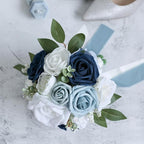 ponatia Dusty Blue Wedding Bouquets for Bride Bridesmaid, White Wedding Artificial Roses Flowers for Wedding Bouquets Ceremony, Anniversary (Dusty Blue & White)