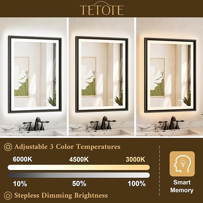 TETOTE 72x36 LED Mirror for Bathroom Black Metal Frame Frontlit & Backlit Lighted Vanity Mirror Baroque Gothic Anti Fog Stepless Dimmable White/Warm/Natural,CRI90+,Wall Mounted(Horizontal/Vertical)
