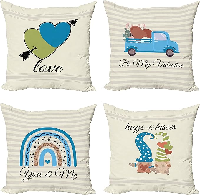 Ambesonne Romantic Throw Pillow Cushion Case Pack of 4, Love Hearts Arrow You and Me Be My Valentine Hugs Kisses Lettering, Modern Accent Double-Sided Digital Printing, 18", Ivory Blue and Olive Green