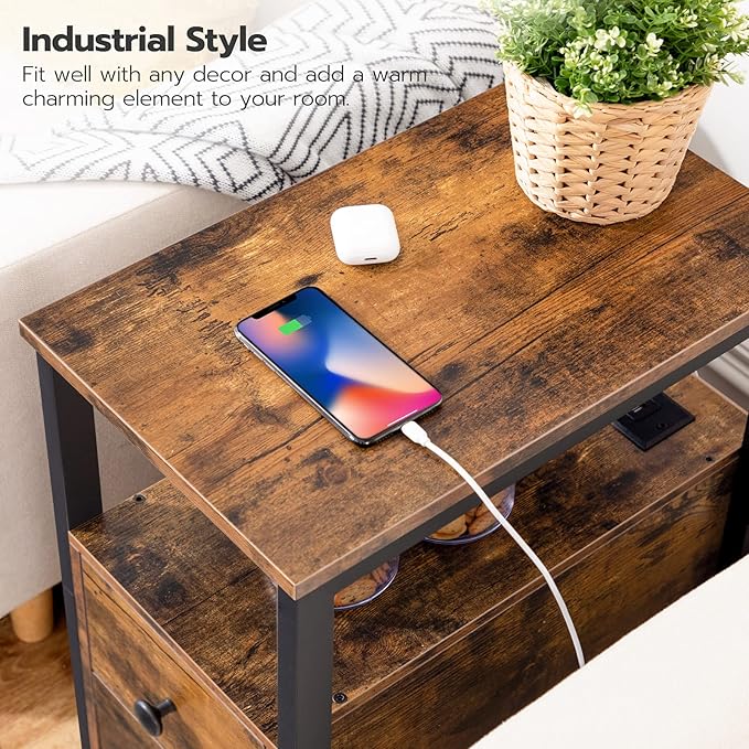 HOOBRO End Table with Charging Station, Narrow Side Table with 2 Drawer & Power Outlets, Nightstand Small Spaces, Rustic Brown and Black BF541BZP201