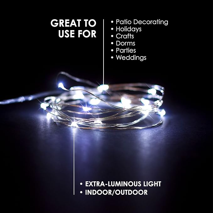 30 LEDs Cold White Color String Lights Silver Wire Indoor and Outdoor 9.5 Feet Firefly Starry Fairy Lights Battery Powered for DIY, Christmas, Holidays, Party, Bedroom and Centerpieces