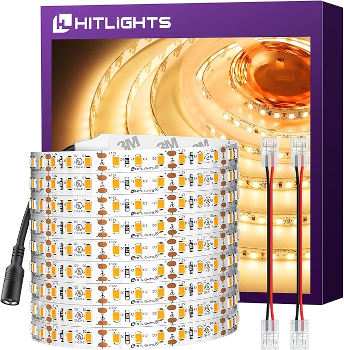 HitLights LED Strip Lights Warm White 3000K, 24.6ft Premium High Density Tape Light for Bedroom, 900 LEDs/Reel, 67W, UL-Listed, 12V Flexible Dimmable Rope Lights for Kitchen, Under Cabinet Lighting