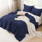 Litanika Comforters Navy Blue Oversized Queen Size, 3 Pieces Lightweight Solid Bedding Set & Collections, All Season Fluffy Bed Set (98x98In Comforter & 2 Pillowcases)