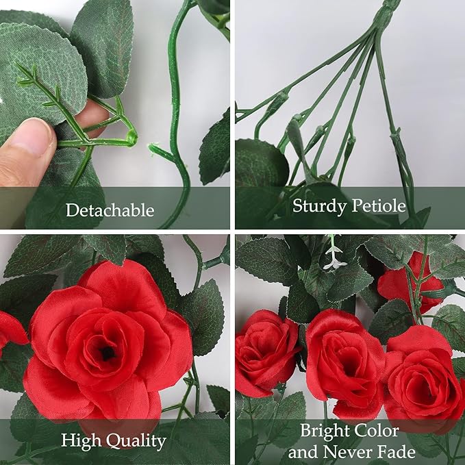 RECUTMS Hanging Rose Flowers Artificial Vines for Outdoors with 30 LED Fairy String Lights Indoor Home Garden Wall Wedding (Red)
