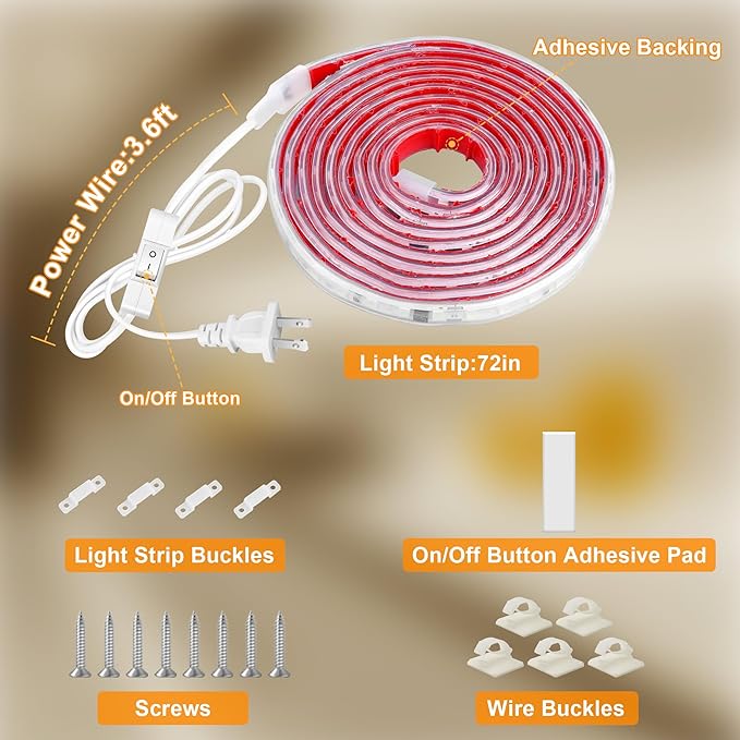 maylit Under Cabinet Strip Lighting Plug in 72in, Ultra Bright Small LED Light Bar, 2700K Warm White, Wired Lights for Kitchen Cabinet, Counter, Workbench, Desk, Closet, Shelf, Indoor