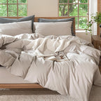 MooMee Bedding Duvet Cover Set 100% Washed Cotton Linen Like Textured Breathable Durable Soft Comfy (Solid Light Tan, Full 80"x90")