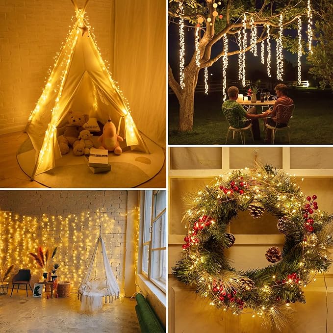 2Pack Firecracker Fairy Lights Plug in, 10Ft 200 LEDs Cluster String Lights, 8 Mode Lighting Copper Wire Lights for Bedroom Wreath Fireplace Wedding Indoor Christmas Tree Decorations, Warm White