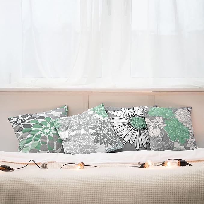 Ambesonne Floral Throw Pillow Cushion Case Pack of 4, Flower Petals Modern Color Palette Chamomile Peony Dahlia and Sunflower Print, Modern Accent Double-Sided Digital Printing, 24", Sea Green Grey