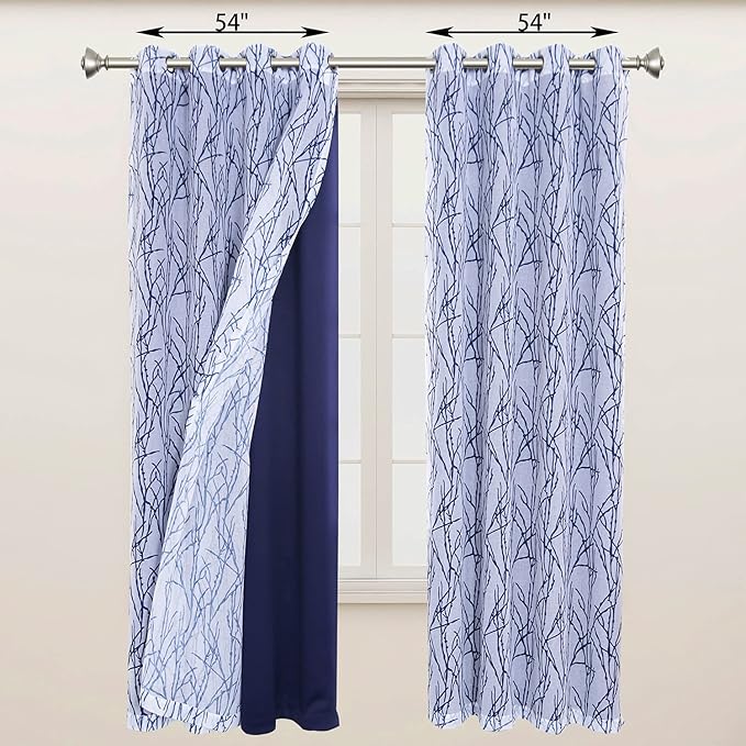 BONZER Mix and Match Curtains - 2 Pieces Branch Print Sheer Curtains and 2 Pieces Blackout Curtains for Bedroom Living Room Grommet Window Drapes, 54x95 Inch/Panel, Indigo, Set of 4 Panels