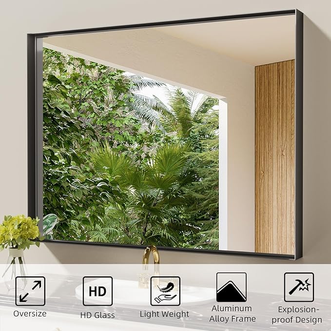 40x30 Inch Black Bathroom Mirrors for Over Sink, Wall Mirror, Metal Framed, Modern Rectangle Mirror, Wall-Mounted Vanity Mirrors Horizontal/Vertical