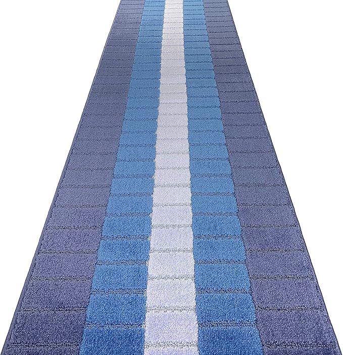 Custom Size Coastal Nautical Style Runner Rug Carpet for Hallway Entryway, Slip Resistant Latex Rubber Backed, 31 inch Wide X Customized Length, Squares Blue, 31 inch X 23 feet