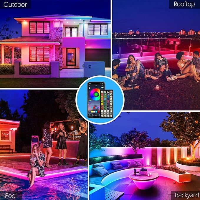 50Ft Outdoor LED Strip Lights Waterproof,Music Sync RGB IP68 Outside Led Light Strips Waterproofs with App and Remote,Exterior Led Rope Lights Waterproof for Deck,Balcony,Roof,Garden,Pool