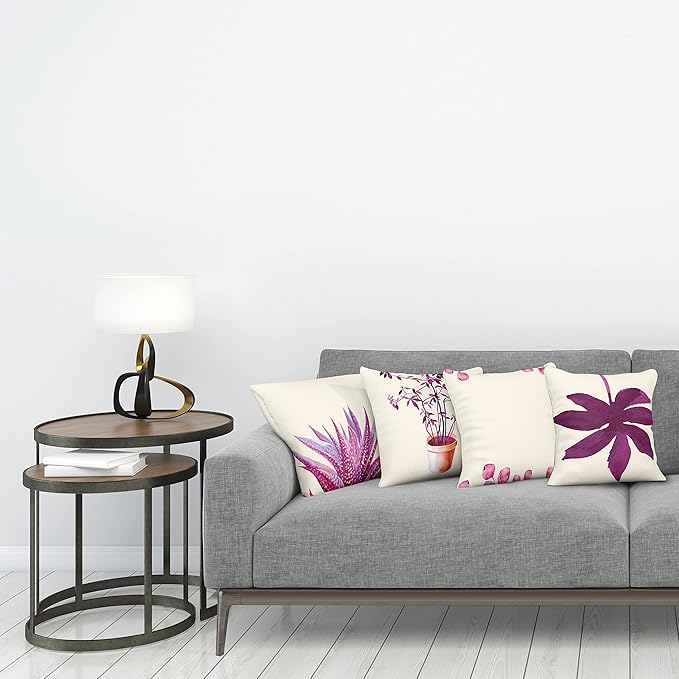 Ambesonne Botanical Throw Pillow Cushion Case Pack of 4, Minimalist Watercolor Painting Leaves Agave Branches Plant in a Pot, Modern Accent Double-Sided Digital Printing, 24", Dark Magenta and Pink