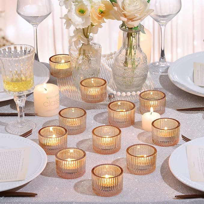 30Pcs Ribbed Gold Candle Holders for Table Centerpiece, Gold Tea Light Candle Holders with 32pcs Tea Light Candles for Wedding Decor, Diwali, Home and Party Decor