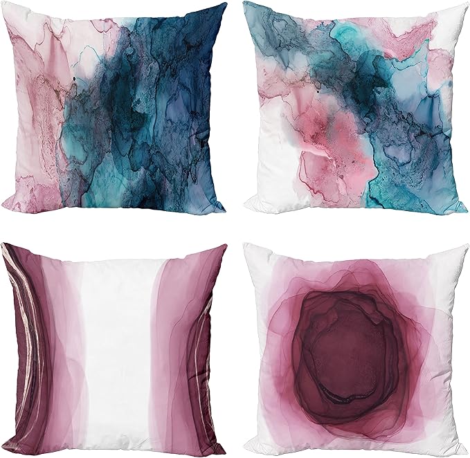 Ambesonne Marble Print Throw Pillow Cushion Case Pack of 4, Watercolor Effect Brushstrokes Stains and Hues Modern Bicolour, Modern Accent Double-Sided Digital Printing, 18", Petrol Blue and Dried Rose