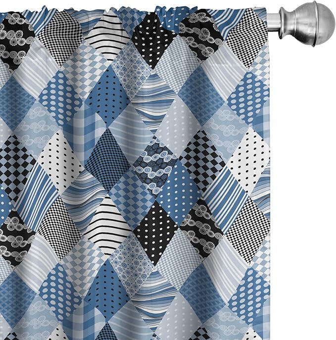 Ambesonne Geometric Window Curtains, Geometrical Diamond Shaped Lines with Various Nostalgic Fashioned Old Pattern, Decorative Panels Set of 2 with Rod Pocket, Pair of - 28" x 63", Black Blue