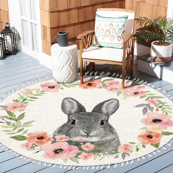 Woodland Animals Round Rugs Flower Crown Rabbit Barn Animal Boho Area Rug in Pastel Color Linen and Cotton Carpet Nursery Rug Washable Hallway Runner Mat Accent Rug for Bedroom Powder Room 6ft