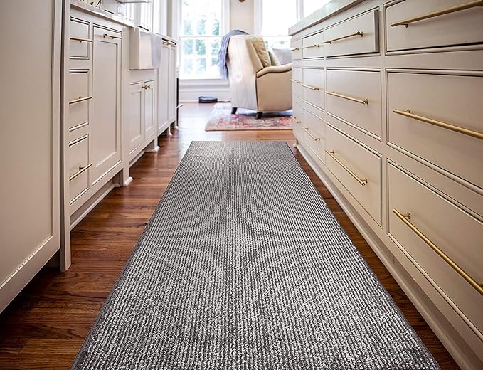 Custom Length Cut to Size Wide Width Carpet Runner Rug for Hallways, Skid Resistant Latex Rubber Backed, 31 inch Wide X Customized Length, Stripe Grey, 31 inch X 28 feet