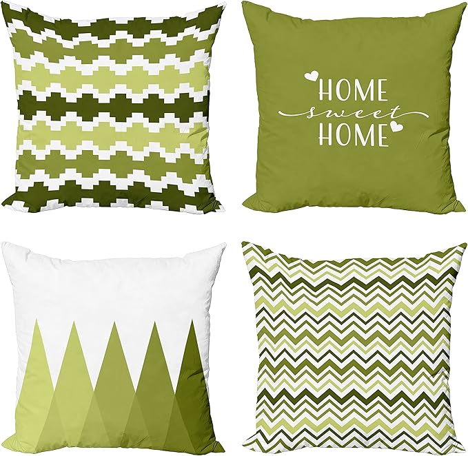 Ambesonne Modern Throw Pillow Cushion Case Pack of 4, Geometric Style Pattern of Triangles Zigzags Love Home Phrase Design, Modern Accent Double-Sided Digital Printing, 20", Olive Green and White