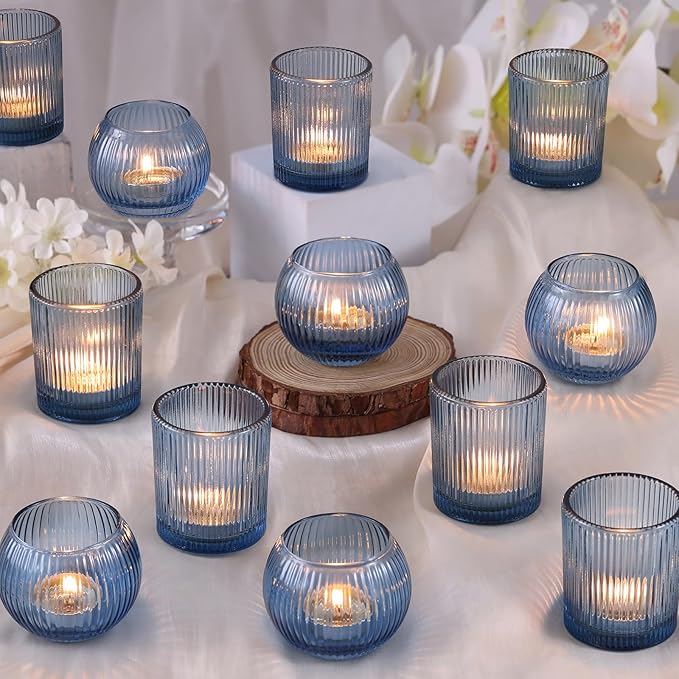 30pcs Assorted Ribbed Blue Votive Candle Holders, Blue Candle Holders for Wedding Table Centerpiece, Tea Light Candle Holder for Bridal Shower, Propose Party, Brithday and Holiday Decorations