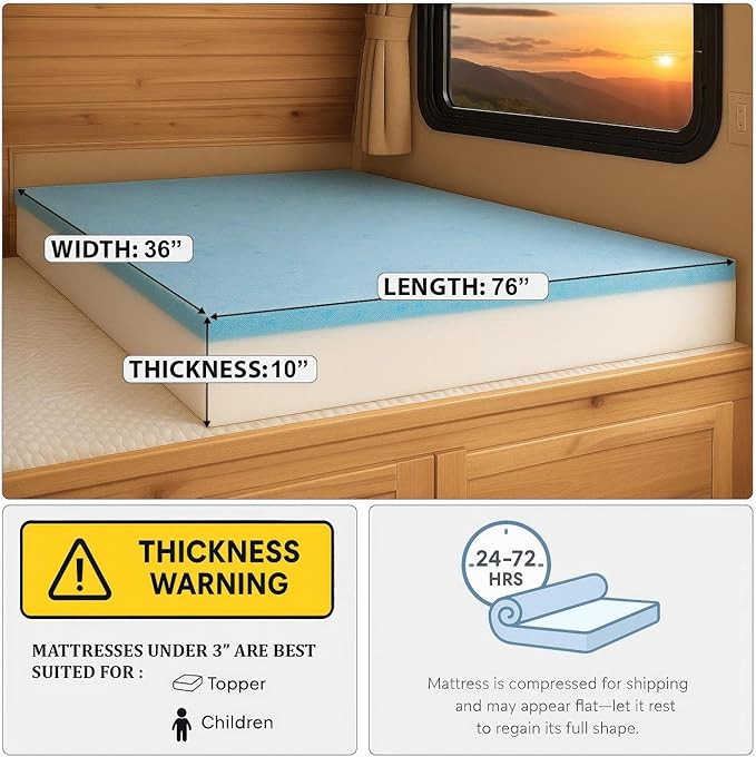 Foamma 10” x 36” x 76” Truck, Camper, RV Travel Visco Gel Memory Foam Bunk Mattress Replacement, Made in USA, Comfortable, Travel Trailer, CertiPUR-US Certified, Cover Not Included