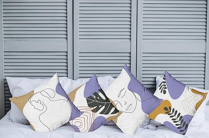 Ambesonne Minimal Throw Pillow Cushion Case Pack of 4, Modern Line Art Woman Portrait with Contemporary Leafy Geometric Details, Modern Accent Double-Sided Digital Printing, 16", Tan Amber Lavender