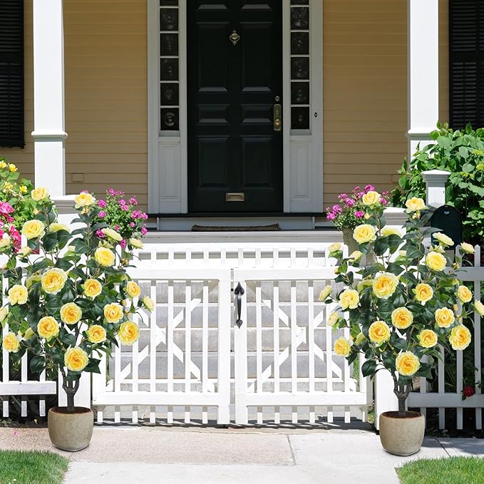 3.6FT Artificial Camellia Fake Tree, Artificial Plants & Flowers with 32 Yellow Flowers for Door Front Decoration Porch Patio Living Room Office Indoor Outdoor Decor (2PCS Contains Dried Moss)