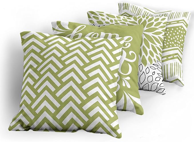 Ambesonne Geometric Throw Pillow Cushion Case Pack of 4, Home Phrase Minimal Zigzag Squama Dahlia Flower Petals Chevron Tribal, Modern Accent Double-Sided Digital Printing, 16", Green and White