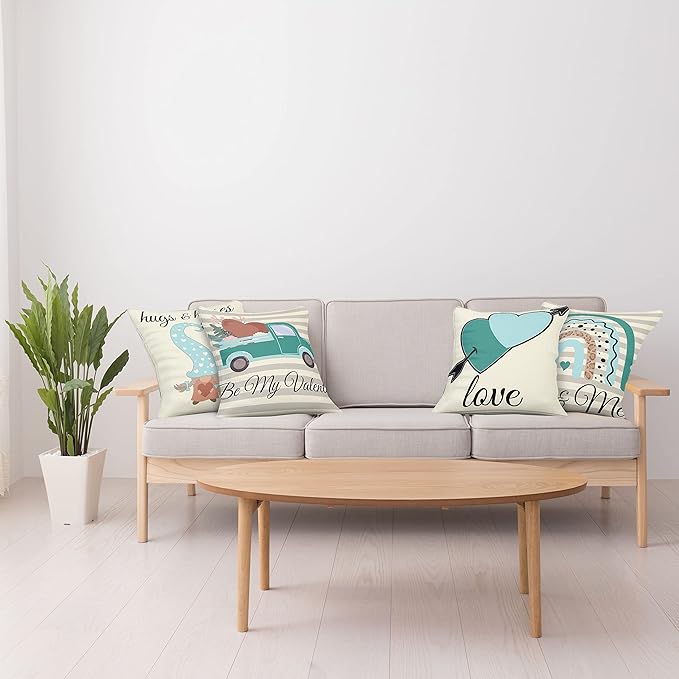Ambesonne Romantic Throw Pillow Cushion Case Pack of 4, Love Hearts Arrow You and Me Be My Valentine Hugs Kisses Lettering, Modern Accent Double-Sided Digital Printing, 18", Teal Ivory Pale Eggshell