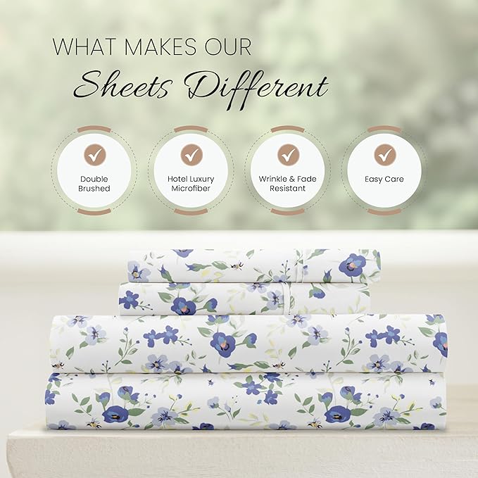 Linen Market 4 Piece Queen Sheet Set - Breathable, Double-Brushed Patterned Cooling Sheets – Oeko-TEX Certified Ultra Soft & Wrinkle-Free 16" Deep-Pocket Queen Sheets - Easy Care Blossoms Light Blue