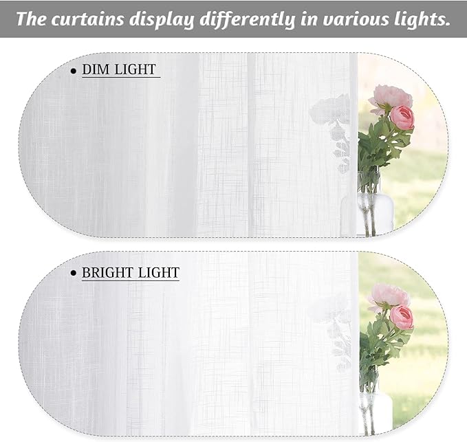 RYB HOME Short Sheer Curtains - Linen Textured Small Window Curtains Semi Sheer Drapes Privacy Breathable Drapery Filter Sunlight for Kitchen, Nursery, RV, W 52" x L 45", 2 Panels, White