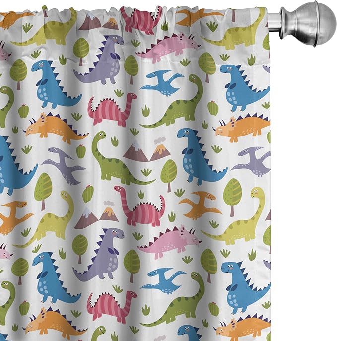 Ambesonne Dino Window Curtains, Cartoon Style Colorful Dinosaurs T-Rex Triceratops Prehistoric Reptile Wildlife, Lightweight Decor 2-Panel Set with Rod Pocket, Pair of - 28" x 95", Blue Green