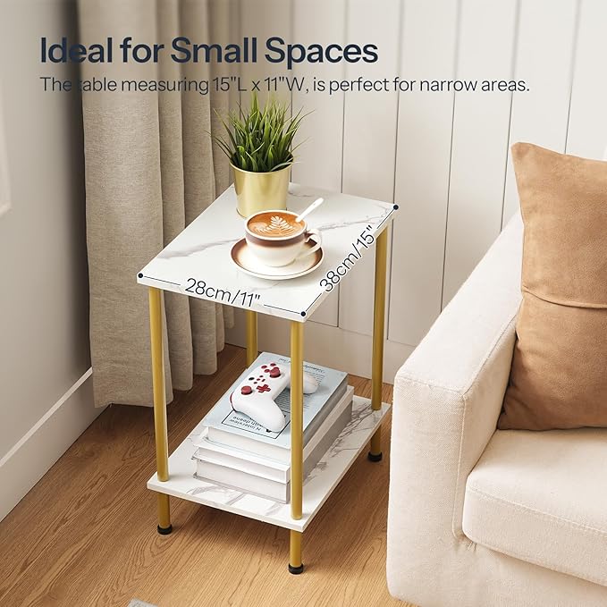 HOOBRO End Tables Set of 2, Small Side Table, Nightstand with 2-Layer Storage Shelves, Sofa Table for Small Spaces, Living Room, Bedroom, Stable Frame, Easy Assembly, Gold and Marble DM09BZP201