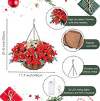 Florielle Artificial Fake Christmas Hanging Flowers Plants Basket with LED Lights, Faux Poinsettia, Pine Branches, for Outdoor New Year Xmas Decoration, Porch Home Holiday Decor (White)