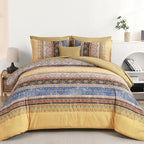 Boho Queen Comforter Set 8 Pieces, Yellow Bohemian Striped Bed in a Bag, Paisley Soft Microfiber Bedding Comforter Set