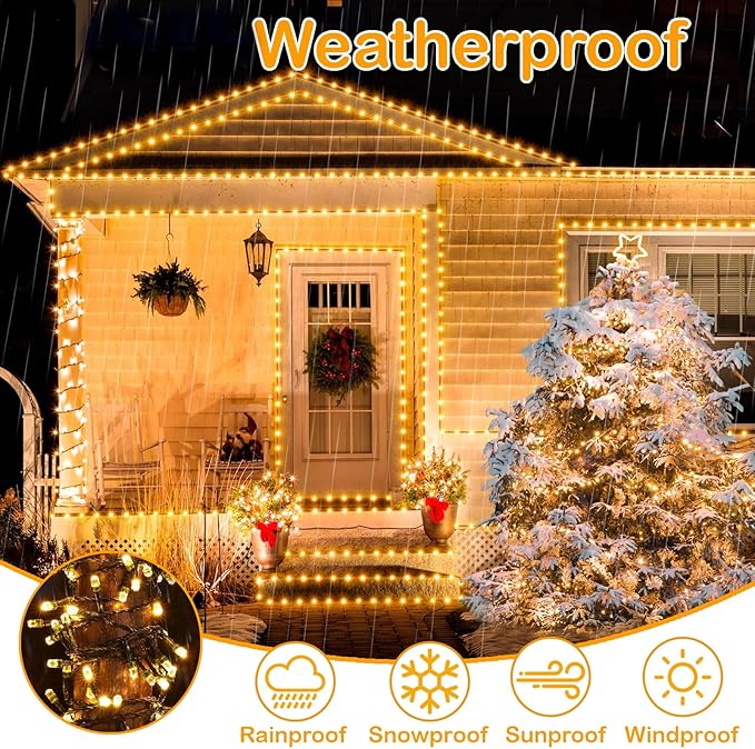 Decute 300LED Christmas String Lights Outdoor Waterproof 105FT UL Certified with End-to-End Plug 8 Modes, Warm White Indoor Starry Fairy Lights for Christmas Tree Patio Garden Wedding Party Decor