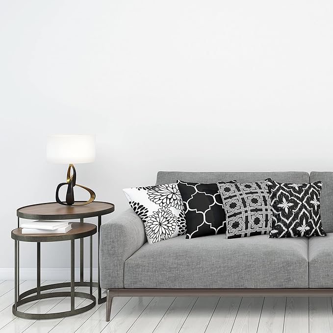 Ambesonne Vintage Throw Pillow Cushion Case Pack of 4, Monochrome Design Grid Trellis Quatrefoil Mesh and Dahlia Flowers Modern, Modern Accent Double-Sided Digital Printing, 24", Charcoal Grey White