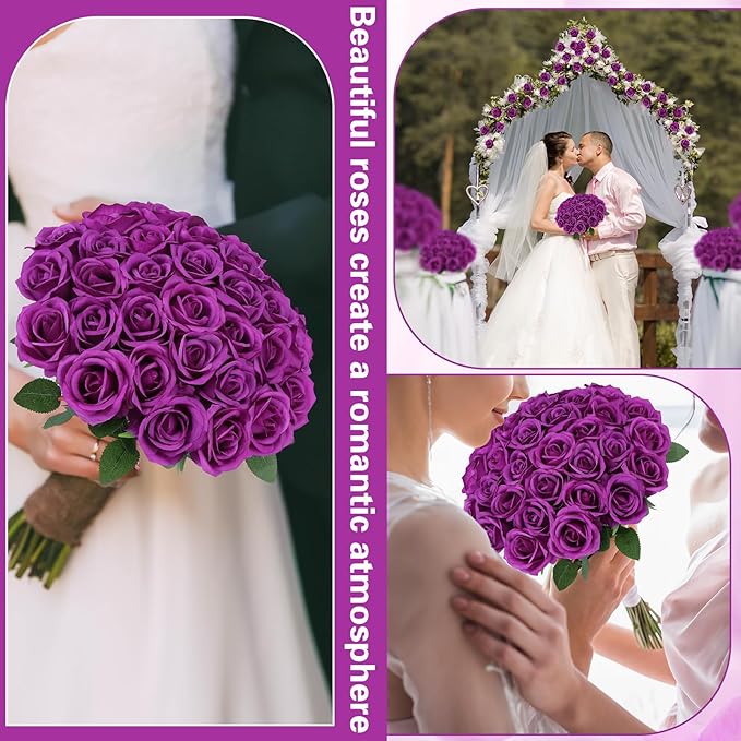 72 Pcs Artificial Roses Purple Fake Silk Roses Realistic Roses Faux Flower Indoor Wedding Home Decor, Birthday Decorations