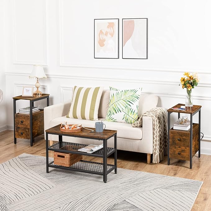 HOOBRO End Table with Charging Station, Narrow Side Table with 2 Drawer & Power Outlets, Nightstand Small Spaces, Rustic Brown and Black BF541BZP201