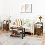 HOOBRO End Table with Charging Station, Narrow Side Table with 2 Drawer & Power Outlets, Nightstand Small Spaces, Rustic Brown and Black BF541BZP201