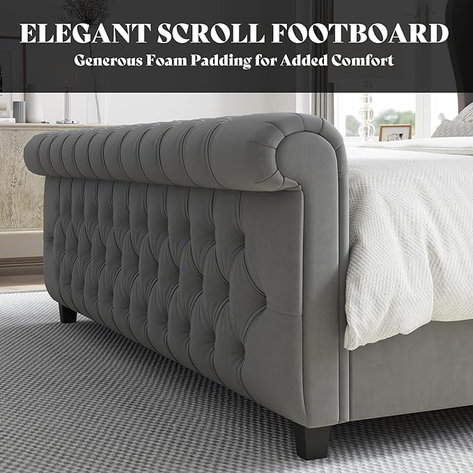 AMERLIFE California King Size Platform Bed Frame, Velvet Upholstered Sleigh Bed with Scroll Wingback Headboard & Footboard/Button Tufted/No Box Spring Required/Grey