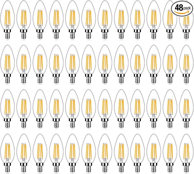 48-Pack Dimmable E12 LED Candelabra Bulbs 40Watt Equivalent, 2700K Warm White, 450Lumens, 4W B11 Vintage Chandelier Light Bulbs, LED Filament Clear Glass Candle Lamp for Ceiling Fan Home Decor